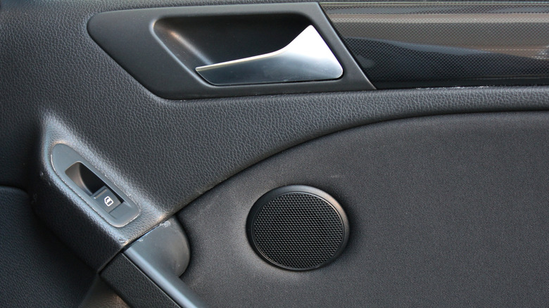 The black trim of a vehicle's cabin interior with a speaker, window button, and silver door handle in sight.