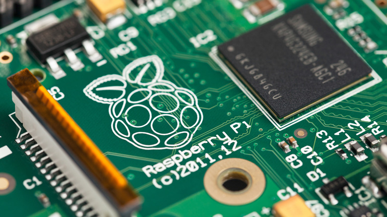 The logo on a Raspberry Pi circuit board.