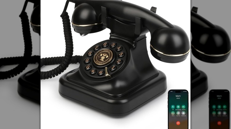 A Sangyn Bluetooth Landline Telephone next to a smartphone.