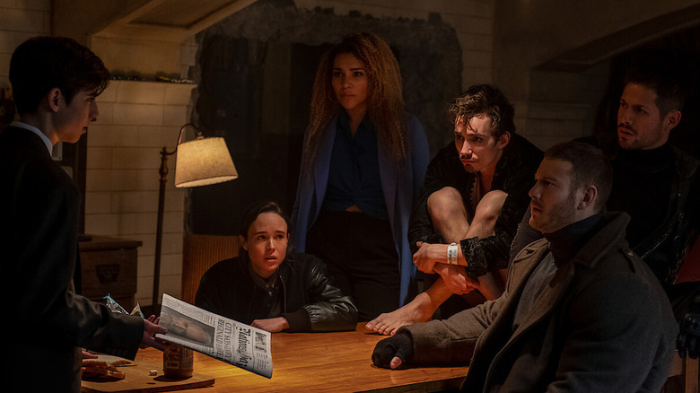 A scene from The Umbrella Academy with Hargreeves children gathered around a table