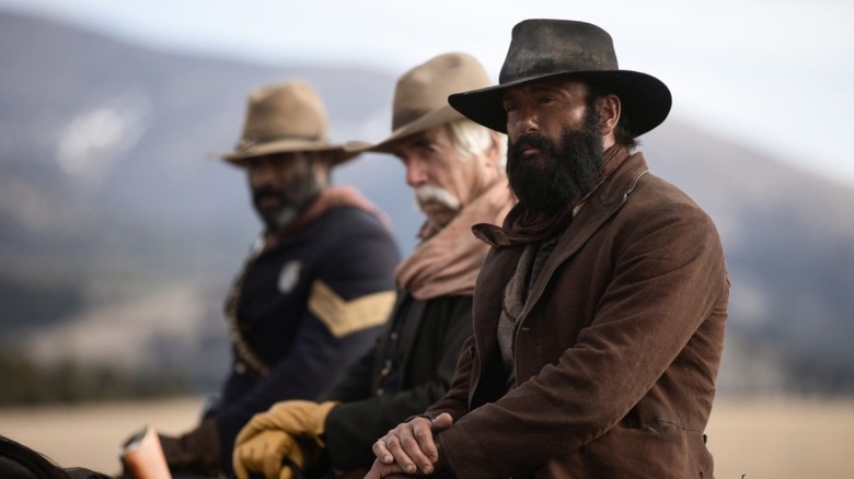 Sam Elliott, LaMonica Garrett and Tim McGraw on horseback in 1883