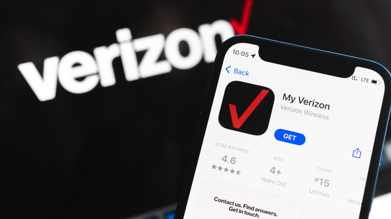 My Verizon app listing shown on an iPhone with the Verizon logo in the background.