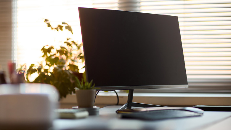 A computer monitor placed on a desk in a home with a blurred plant in the background