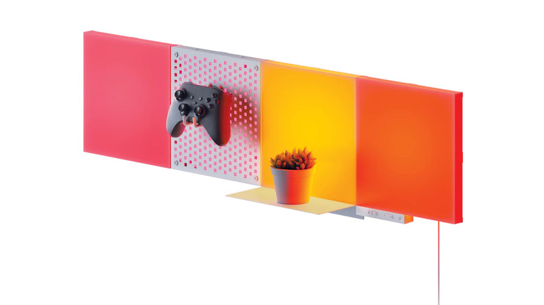 Set of Nanoleaf Block smart lights with pegboard and shelf attachments.