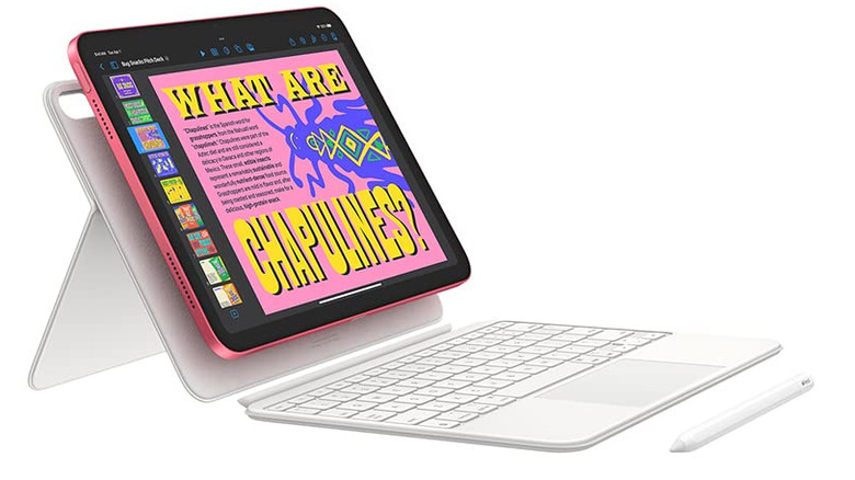 Apple iPad A16 shown with a keyboard case and stylus on a white background.