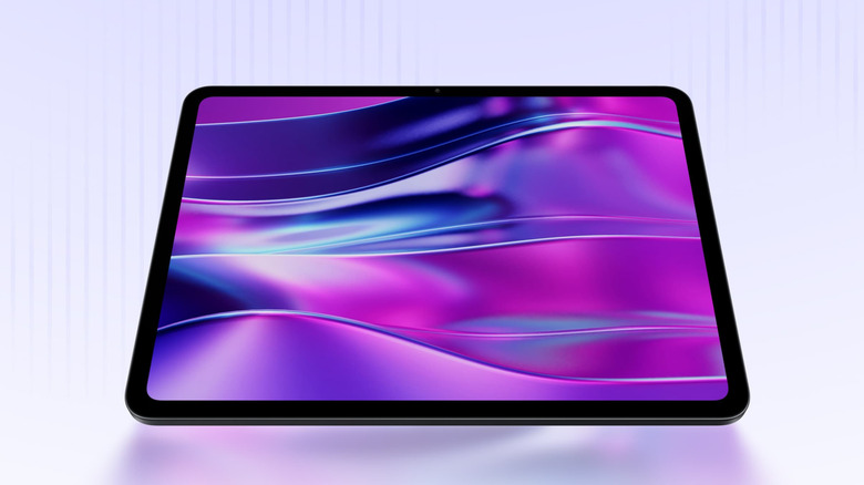 OnePlus Pad Go 2 tablet with a purple abstract wallpaper on a light background.