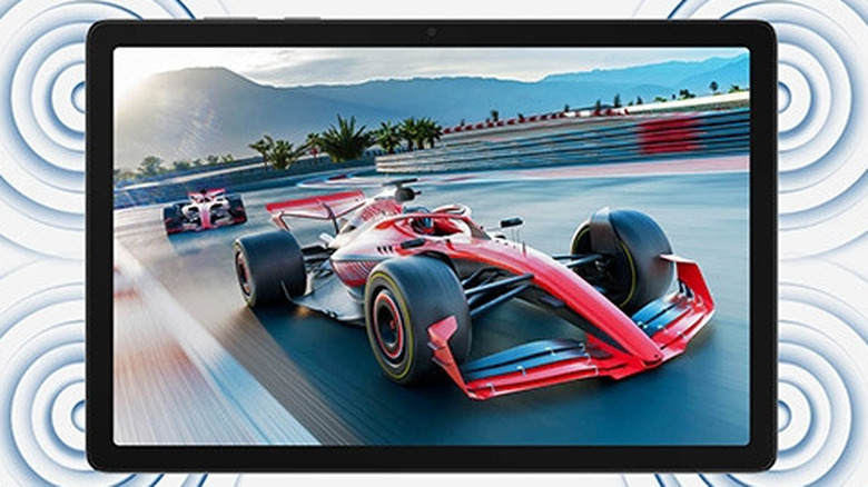 Samsung Galaxy Tab A11+ displaying a Formula-style racing image on its screen.