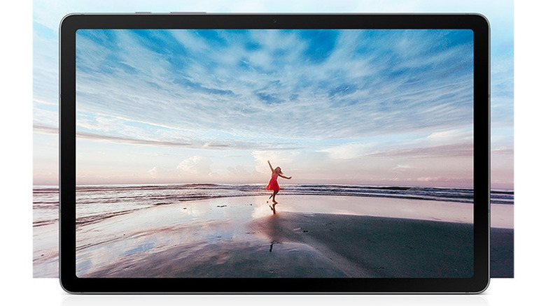 Samsung Galaxy Tab S10 Lite showing a beach scene on its display.