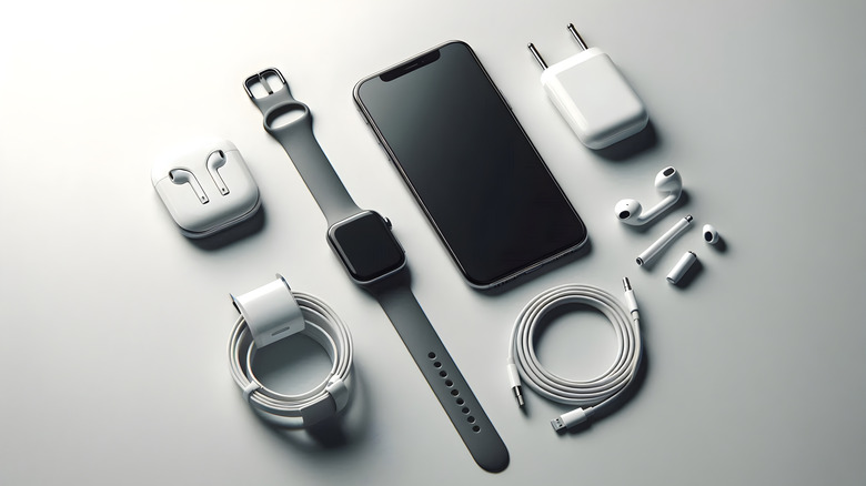 A smartphone and its accessories, including a smartwatch, earbuds, chargers, and cables, all lying flat on a gray surface.