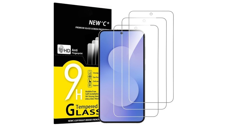 New-C Samsung Galaxy A57 5G screen protectors, shown with the product packaging.