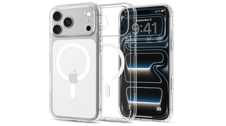 Spigen iPhone 17 Pro Clear Case with MagSafe, shown from the front and back with an iPhone inside.