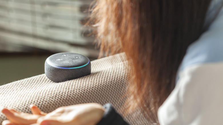 person talking to alexa on echo speaker
