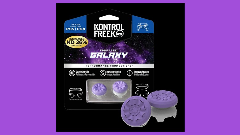 Close-up of KontrolFreem Galaxy FPS performance thumbsticks in packaging.