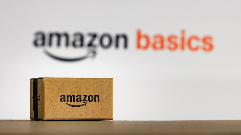 An Amazon package in front of the Amazon Basics logo.