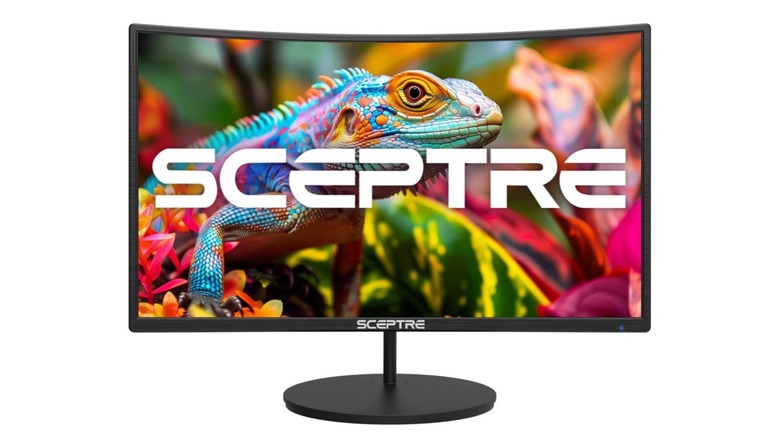 The Scepter 27-inch curved gaming monitor with a colorful image featuring a chameleon on the screen.