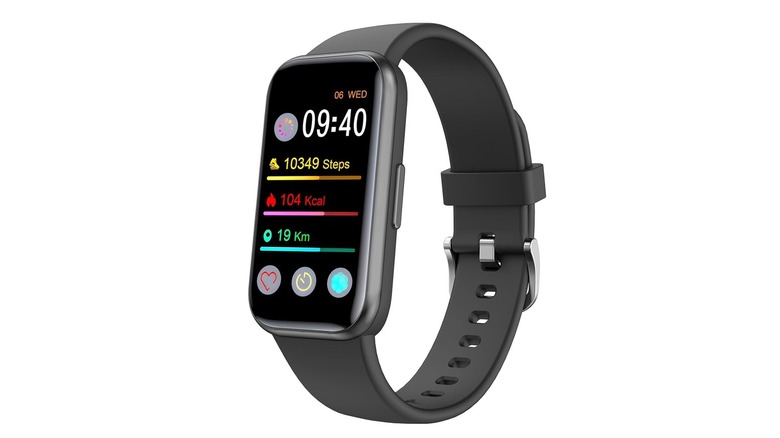 The ZURURU fitness tracker with the display on, on a white background.