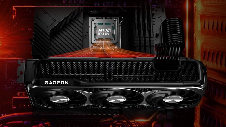 Artistic rendition of AMD Ryzen CPU interacting with AMD Radeon GPU