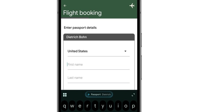 Using intelligent autofill in Android 17 to fill out a form during the flight booking process