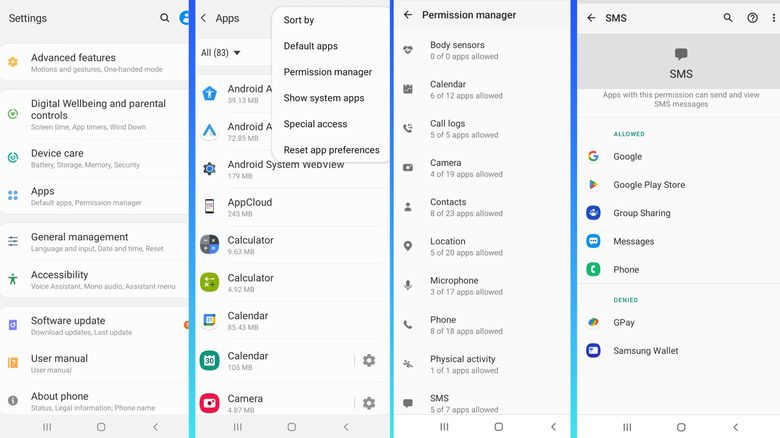 Reconfiguring app permissions for contacts and SMS on Android