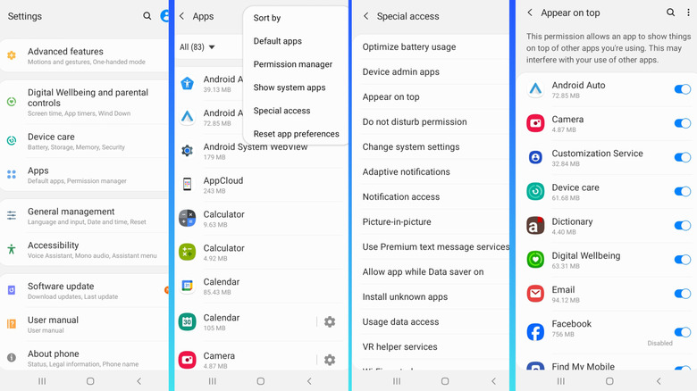 Configuring overlay acess or appear on top permissions on Samsung phone