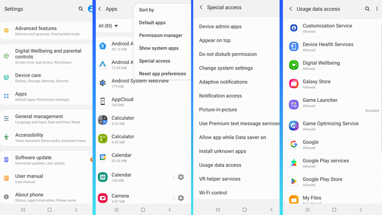 Configuring usage data access permissions for apps on Android smartphone