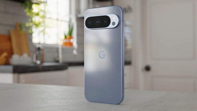 Google Pixel Phone standing upright on kitchen counter with camera towards viewer