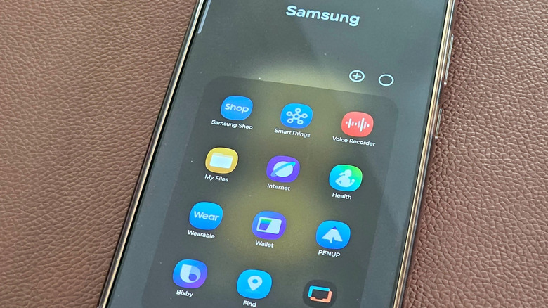 Folder of Samsung-branded apps showing on phone screen