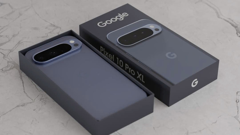The Pixel 10 Pro XL in its retail box.