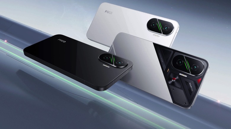 Three Xiaomi Poco F7 color options shown against a blue background.