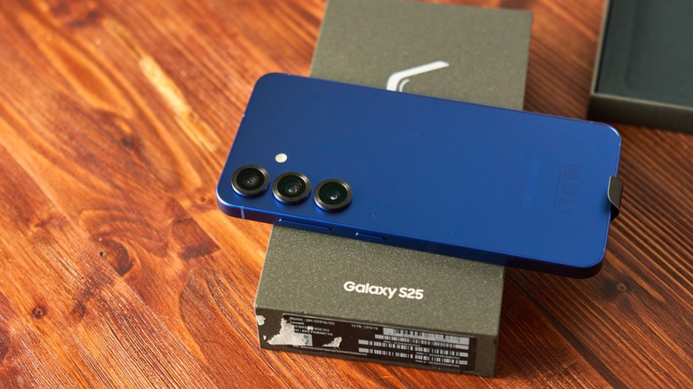 Samsung Galaxy S25 placed atop packaging box