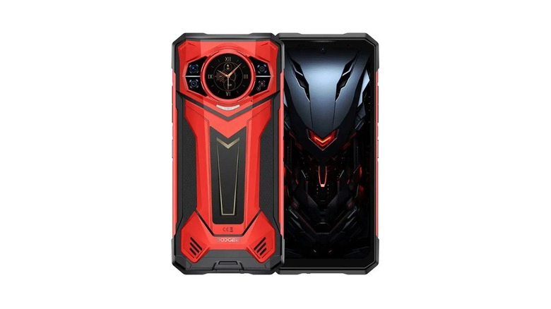 A bright red phone with black accents featuring a futuristic mecha-like design