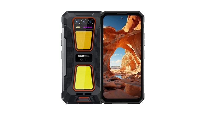 A bulky gray phone featuring two quadrilateral shapes on its back for the camp lights