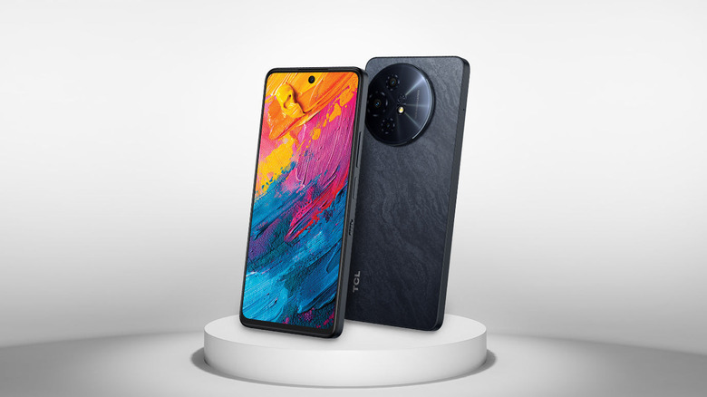 The TCL 60 XE Nxtpaper 5G smartphone on a padestal