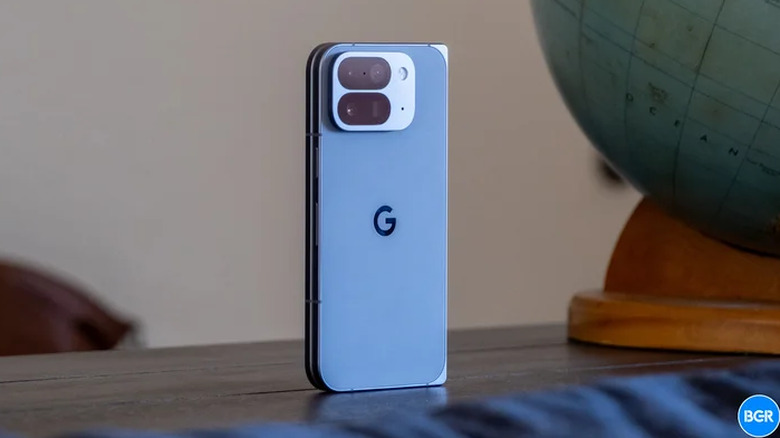 A folded Google Pixel 10 Pro Fold placed vertically