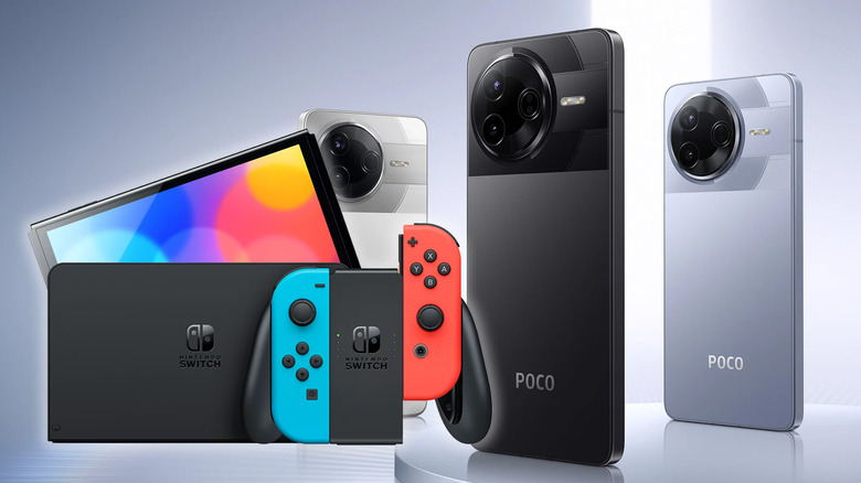 POCO F7 Pro color range and a Neon Blue/Red Nintendo Switch OLED docked.