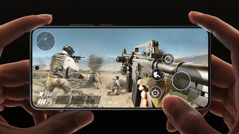 Mi POCO F7 PRO 5G showcasing gameplay of a military shooter mobile game on a black background.