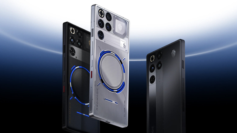 RedMagic 11 Pro colorways on a blue gradient background