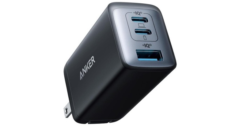 Anker 735 Charger (Nano II) 65 W wall charger with two USB-C ports and one USB-A port.