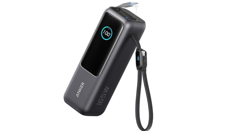 Anker 25,000 mAh Laptop Power Bank with digital display and built-in USB-C cables.