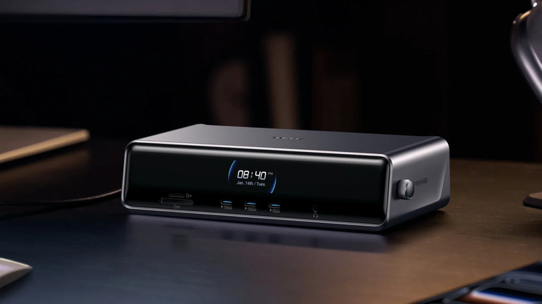 Anker Prime DL7400 Docking Station on office table showing digital clock on the smart display