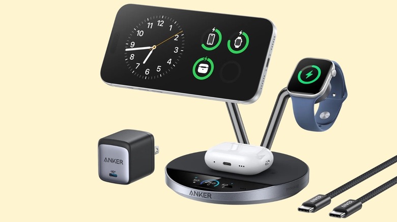 Mockup of Anker's wireless charging station with Apple devices on it