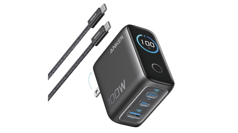 Anker 100W USB-C Wall Charger with a digital display, three ports, and a USB-C cable.