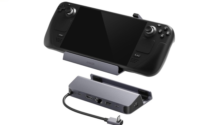 Anker 6-in-1 Steam Deck Dock shown with a Steam Deck seated above it.