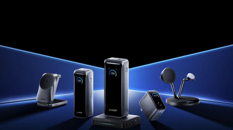 Different Anker products, including power banks and charging stations.