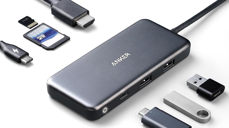 Anker USB-C hub with devices connecting around it