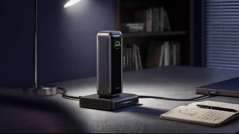 Anker's power bank charging on an office desk