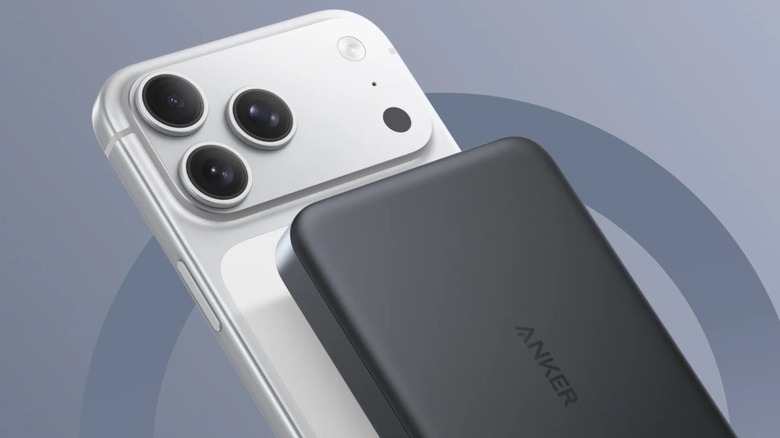 An iPhone mockup with Anker's MagSafe power bank attached