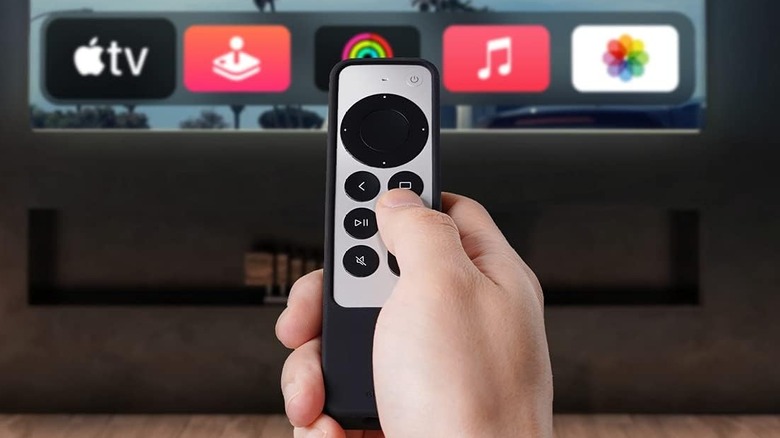 Elago Intelli Case wrapped around Siri Remote pointed at TV