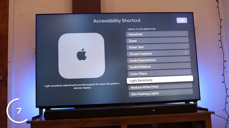 Apple TV showing Accessibility Shortcut with Light Sensitivity highlighted