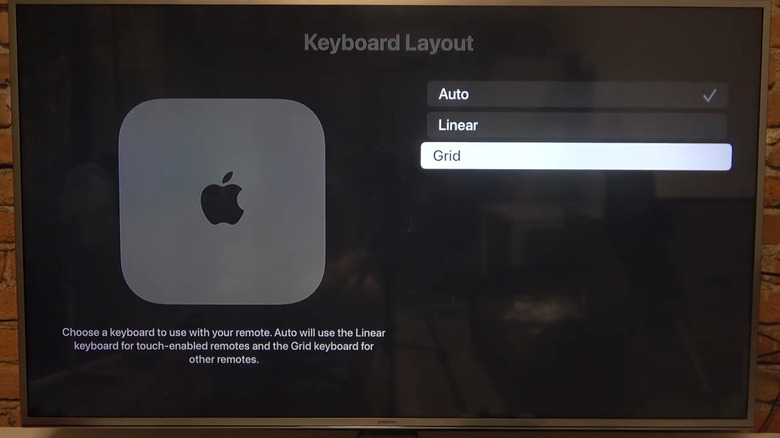 Apple TV showing Keyboard Layout setting with Grid selected
